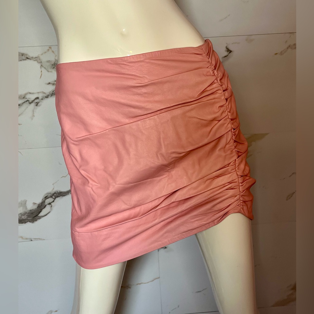 Lamarque 100% Genuine Lamb Leather Pink Ruched Mini Skirt Rear Zip Size 4